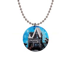 Winter Village Snow Brick Buildings 1  Button Necklace by artworkshop