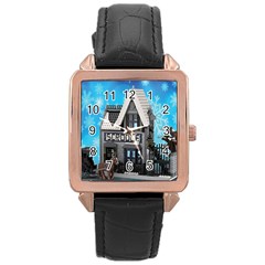 Winter Village Snow Brick Buildings Rose Gold Leather Watch  by artworkshop