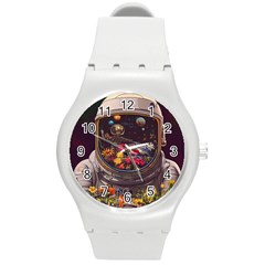 Astronaut Universe Planting Flowers Cosmos Jpg Round Plastic Sport Watch (m) by Pakemis