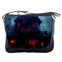 Haunted House Halloween Cemetery Moonlight Messenger Bag by Pakemis