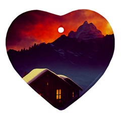 Cabin Mountains Snow Sun Winter Dusk Ornament (heart) by Pakemis