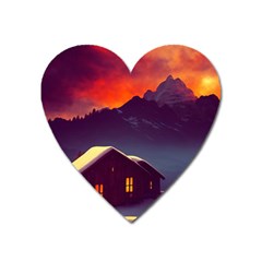 Cabin Mountains Snow Sun Winter Dusk Heart Magnet by Pakemis