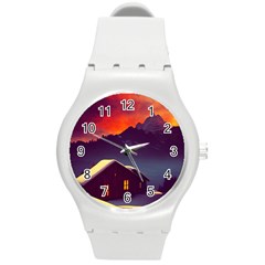 Cabin Mountains Snow Sun Winter Dusk Round Plastic Sport Watch (m) by Pakemis