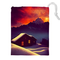 Cabin Mountains Snow Sun Winter Dusk Drawstring Pouch (4xl) by Pakemis