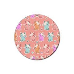 Cute Kawaii Kittens Seamless Pattern Rubber Round Coaster (4 Pack)