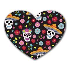 Day Dead Skull With Floral Ornament Flower Seamless Pattern Heart Mousepad by Pakemis