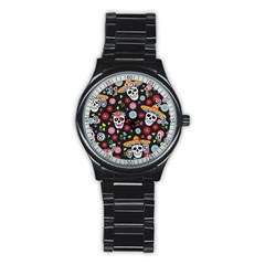 Day Dead Skull With Floral Ornament Flower Seamless Pattern Stainless Steel Round Watch