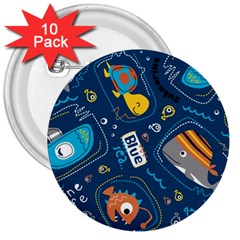 Seamless Pattern Vector Submarine With Sea Animals Cartoon 3  Buttons (10 Pack) 