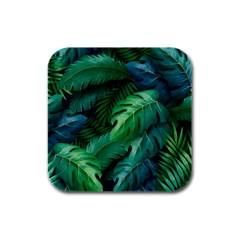 Tropical Green Leaves Background Rubber Square Coaster (4 Pack) by Pakemis