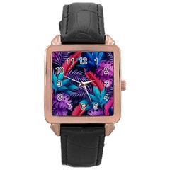 Background With Violet Blue Tropical Leaves Rose Gold Leather Watch  by Pakemis