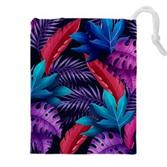 Background With Violet Blue Tropical Leaves Drawstring Pouch (4xl) by Pakemis