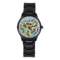 Comic Elements Colorful Seamless Pattern Stainless Steel Round Watch by Pakemis