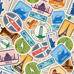 Travel Pattern Immigration Stamps Stickers With Historical Cultural Objects Travelling Visa Immigran Play Mat (rectangle)