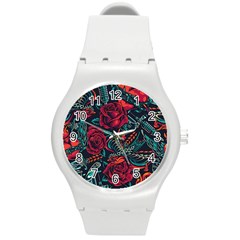 Vintage Flash Tattoos Designs Seamless Pattern Round Plastic Sport Watch (m) by Pakemis