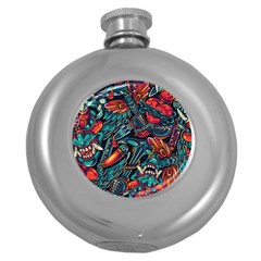 Vintage Tattoos Colorful Seamless Pattern Round Hip Flask (5 Oz) by Pakemis