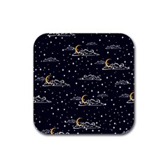 Hand Drawn Scratch Style Night Sky With Moon Cloud Space Among Stars Seamless Pattern Vector Design Rubber Square Coaster (4 Pack) by Pakemis