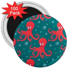 Cute Smiling Red Octopus Swimming Underwater 3  Magnets (100 Pack) by Pakemis