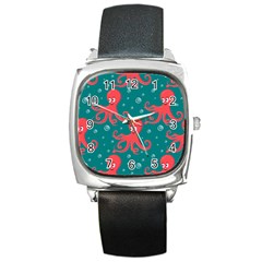 Cute Smiling Red Octopus Swimming Underwater Square Metal Watch by Pakemis