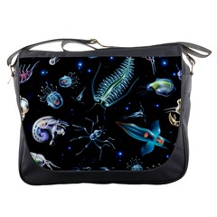 Colorful Abstract Pattern Consisting Glowing Lights Luminescent Images Marine Plankton Dark Backgrou Messenger Bag by Pakemis