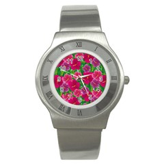 Background-cute-flowers-fuchsia-with-leaves Stainless Steel Watch by Pakemis