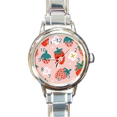 Strawberry-seamless-pattern Round Italian Charm Watch