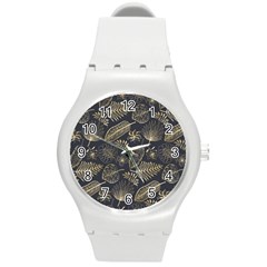 Elegant-pattern-with-golden-tropical-leaves Round Plastic Sport Watch (m) by Pakemis