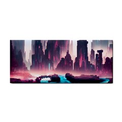 Urban City Cyberpunk River Cyber Tech Future Hand Towel by Uceng