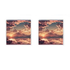 Sunset River Sky Clouds Nature Nostalgic Mountain Cufflinks (square) by Uceng