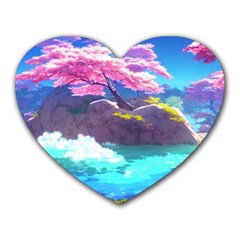 Fantasy Japan Mountains Cherry Blossoms Nature Heart Mousepad by Uceng