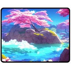 Fantasy Japan Mountains Cherry Blossoms Nature Fleece Blanket (medium) by Uceng