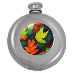 Leaves Foliage Autumn Nature Forest Fall Round Hip Flask (5 Oz) by Uceng