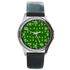 Green Christmas Trees Green Round Metal Watch by TetiBright