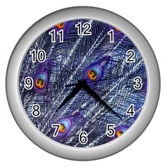 Peacock-feathers-color-plumage Blue Wall Clock (silver) by danenraven
