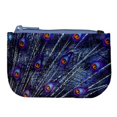 Peacock-feathers-color-plumage Blue Large Coin Purse by danenraven