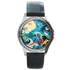 Waves Ocean Sea Abstract Whimsical (2) Round Metal Watch