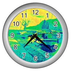 Blue And Green Boat Modern  Wall Clock (silver)