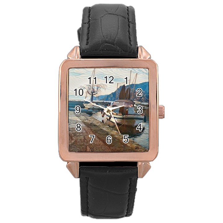 Boats on Gardasee, Italy. Rose Gold Leather Watch 