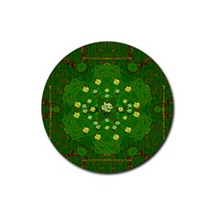 Lotus Bloom In Gold And A Green Peaceful Surrounding Environment Rubber Coaster (round) by pepitasart