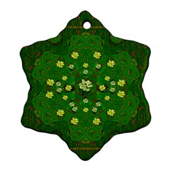 Lotus Bloom In Gold And A Green Peaceful Surrounding Environment Snowflake Ornament (two Sides) by pepitasart