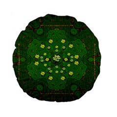 Lotus Bloom In Gold And A Green Peaceful Surrounding Environment Standard 15  Premium Flano Round Cushions by pepitasart