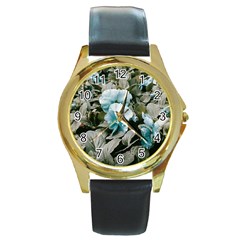 Flowers And Leaves Colored Scene Round Gold Metal Watch by dflcprintsclothing