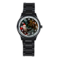 A Santa Claus Standing In Front Of A Dragon Stainless Steel Round Watch by bobilostore