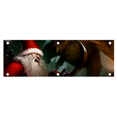 A Santa Claus Standing In Front Of A Dragon Banner And Sign 6  X 2 