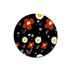 Daisy Flowers Brown White Yellow Black  Rubber Round Coaster (4 Pack) by Mazipoodles