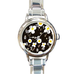 Daisy Flowers White Yellow Black  Round Italian Charm Watch