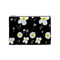 Daisy Flowers White Yellow Black  Cosmetic Bag (medium) by Mazipoodles