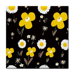 Daisy Flowers White Yellow Brown Black Tile Coaster by Mazipoodles