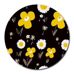 Daisy Flowers White Yellow Brown Black Round Mousepad by Mazipoodles