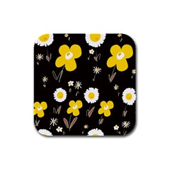 Daisy Flowers White Yellow Brown Black Rubber Square Coaster (4 Pack) by Mazipoodles