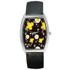 Daisy Flowers White Yellow Brown Black Barrel Style Metal Watch